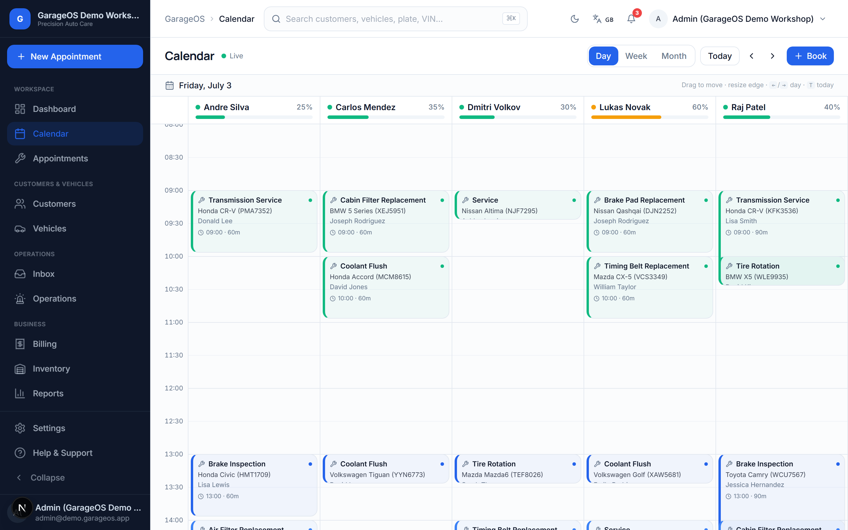 Scheduling board with mechanic lanes and live appointments