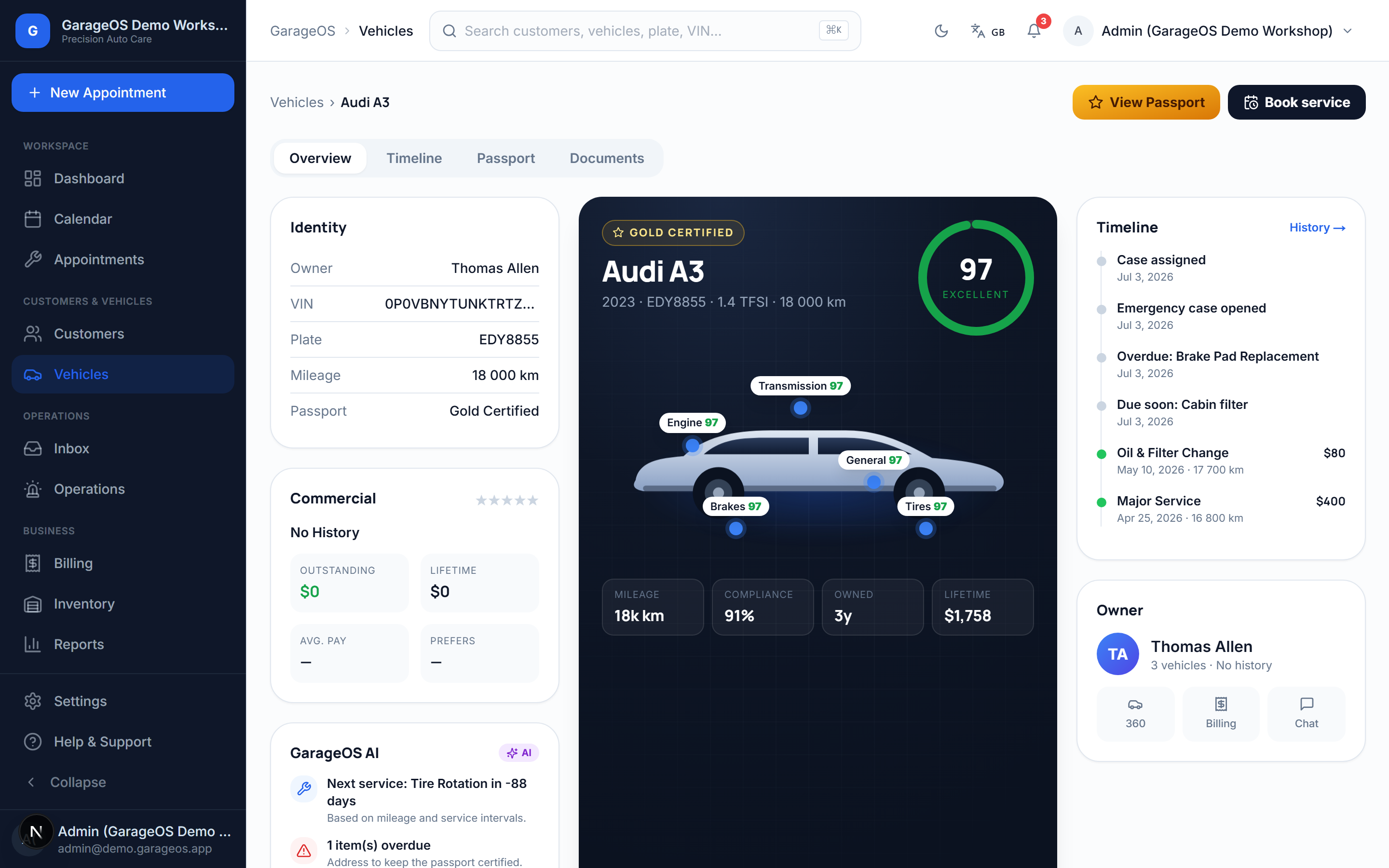 Vehicle Intelligence Center showing health score, subsystems, and predictions
